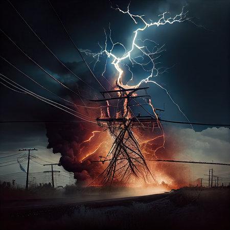 sparks and fire on power line breakage in storm, created with generative aiの素材
