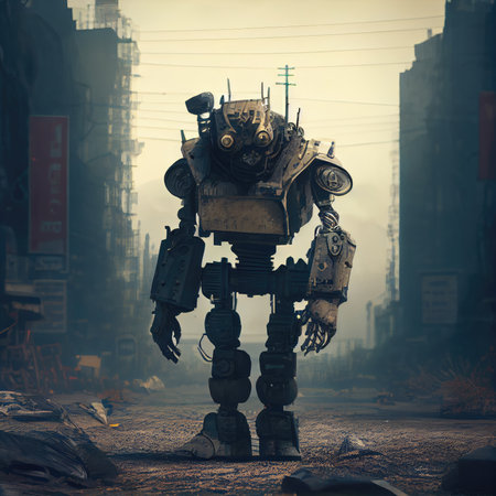futuristic lonely steampunk robot standing in postapocalyptic city, created with generative aiの素材