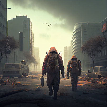 postapocalyptic city with people in protective suits walking along road, created with generative aiの素材
