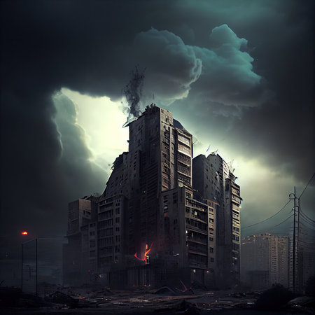 postapocalyptic city with smoking high-rise buildings against cloudy night sky, created with generative aiの素材