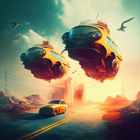 bright flying cars driving on road in postapocalyptic city, created with generative aiの素材