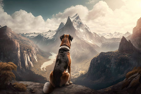 majestic view of towering mountains with dog taking in the view from high above, created with generative aiの素材