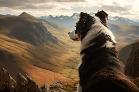 dog, looking out over majestic valley, with mountains in the background, created with generative aiの素材