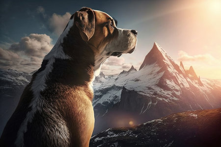 dog, looking out at majestic mountain range, with the sun shining on its coat, created with generative aiの素材