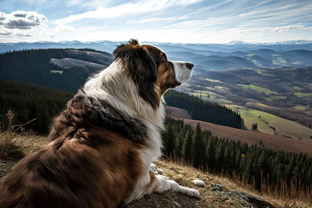 majestic dog, with view of the world from mountaintop, looking down on rolling hills and forests, created with generative aiの素材