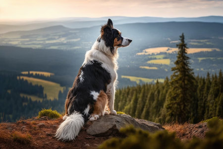 dog, sitting on mountain summit, with view of rolling hills and forests in the distance, created with generative aiの素材