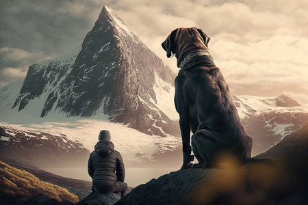 majestic mountain with dog sitting on the summit, surveying vast landscape, created with generative aiの素材
