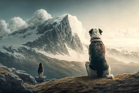 majestic mountain with dog sitting on the summit, surveying vast landscape, created with generative aiの素材