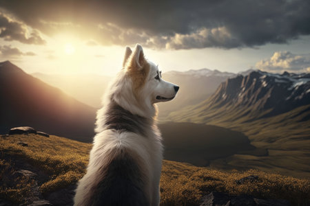 dog, looking out over vast and majestic mountain range, with the sun shining down on its fur, created with generative aiの素材