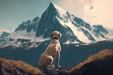 majestic mountain range, with dog sitting on the highest peak, surveying its domain, created with generative aiの素材