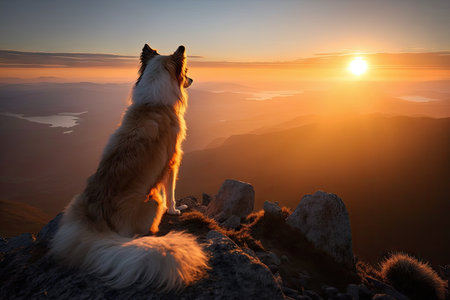 dog, with view of the sunrise, atop mountain peak, created with generative aiの素材