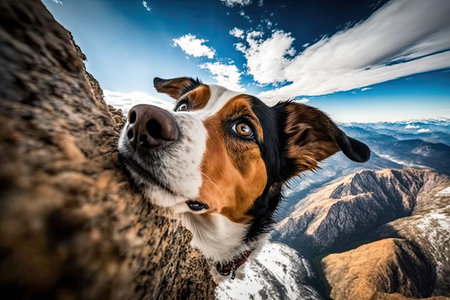 dog, looking down at the view below, on mountain peak, created with generative aiの素材