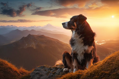 dog enjoying sunrise on mountain peak, with view of the sunrise in the background, created with generative aiの素材