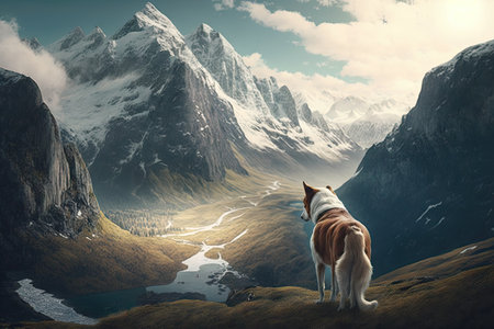 majestic peak with dog looking down on lush valley, surrounded by mountains, created with generative aiの素材