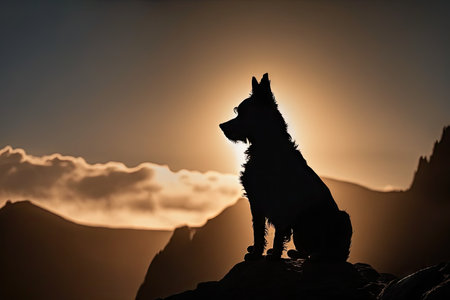 dog, silhouetted against the sun, on towering mountain peak, created with generative aiの素材