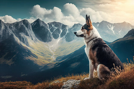 majestic view of mountain range, with dog among the peaks, looking out over the landscape, created with generative aiの素材