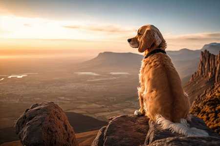 single dog, sitting on mountain peak, with view of the surrounding landscape, created with generative aiの素材