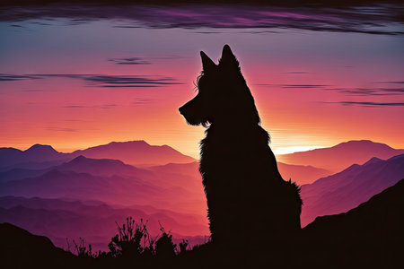 sun setting behind mountain range, with dog silhouetted against the beautiful sky, created with generative aiの素材