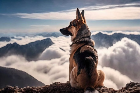 dog sits on mountain peak, surrounded by clouds, with view of the valley below, created with generative aiの素材