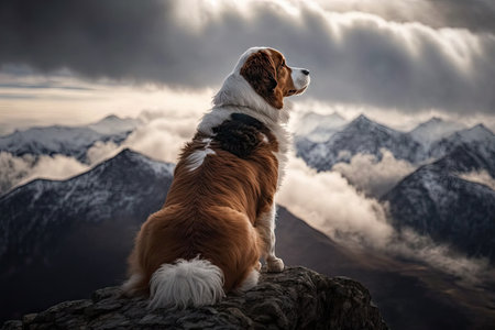 dog sits on mountain peak, surrounded by clouds, with view of the valley below, created with generative aiの素材