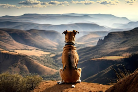 dog sitting on mountain peak, with view of the rolling hills and valleys below, created with generative aiの素材
