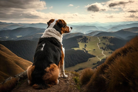 dog sitting on mountain peak, with view of the rolling hills and valleys below, created with generative aiの素材