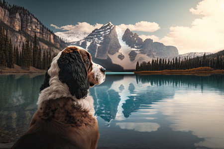 dog, looking out over the serene waters of a lake, with majestic mountain peaks in the background, created with generative aiの素材