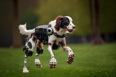 a dog running with its new robotic leg in a park, free and joyful, created with generative aiの素材