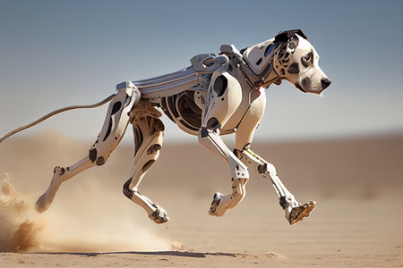 dog sprinting, its robotic leg speeding it forward, created with generative aiの素材