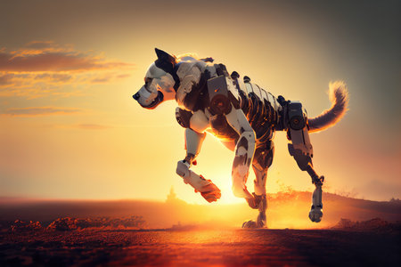 dog, sprinting on robotic leg, with view of sunset in the background, created with generative aiの素材