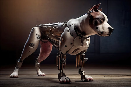 robo-dog hurt in battle, with missing and damaged limbs replaced with sleek metal ones, created with generative aiの素材