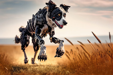 dog running and jumping on a field, with its robotic leg functioning perfectly, created with generative aiの素材