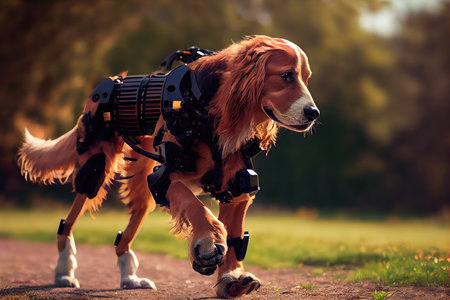 a dog trotting on its robotic leg, with a view of the open park, created with generative aiの素材
