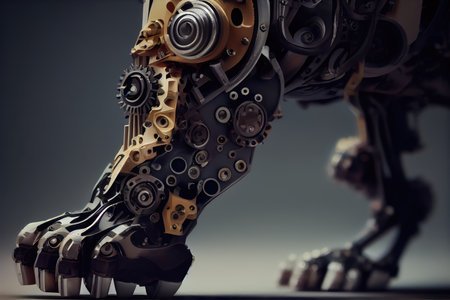 close-up of dogs robotic leg, with gears and mechanical parts visible, created with generative aiの素材