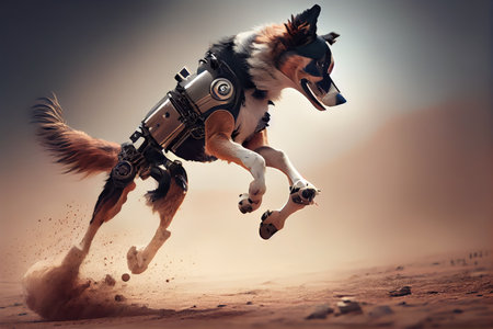 dog running and jumping with robotic leg, showing off its agility, created with generative aiの素材