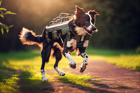 dog with robotic leg running and jumping on park playground, created with generative aiの素材
