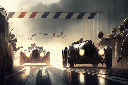 dramatic start, with two cars taking off in race to the finish line, created with generative aiの素材