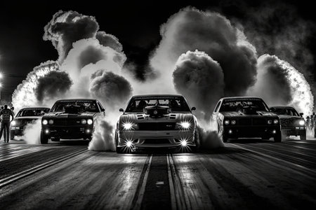 drag race start, with smoke and fire coming from the starting line, created with generative aiの素材