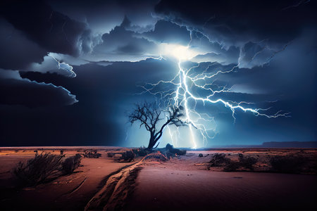 dramatic thunderstorm with lightning bolts striking the ground and illuminating landscape, created with generative aiの素材