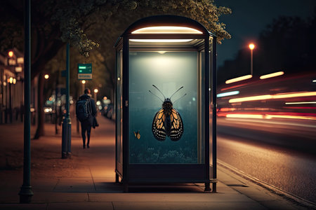 bus stop with flickering streetlamp, and the sound of night insects in the background, created with generative aiの素材