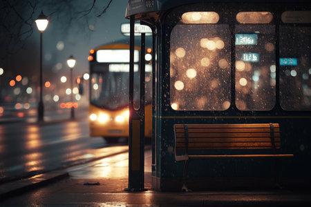 empty bus stop with dimly-lit street lamp and blurred city lights in the background, created with generative aiの素材