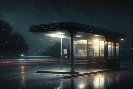 a stormy night, with lightning illuminating the empty bus stop and rain falling in torrents, created with generative aiの素材