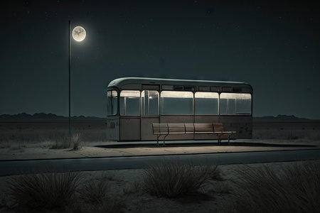 a deserted bus stop at night, with only the moon shining overhead, created with generative aiの素材