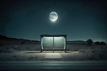 a deserted bus stop at night, with only the moon shining overhead, created with generative aiの素材
