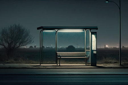 empty bus stop, with broken bench and flickering street lights, at night, created with generative aiの素材