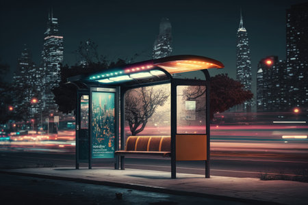 a bus stop with a view of the city skyline, with colorful lights shining in the night, created with generative aiの素材