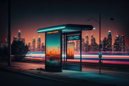 a bus stop with a view of the city skyline, with colorful lights shining in the night, created with generative aiの素材