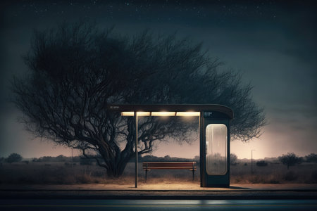 empty bus stop, with the lights of passing cars and buses illuminating the night sky, created with generative aiの素材