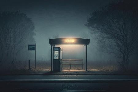 a mysterious empty bus stop with a dark and eerie atmosphere, perfect for horror movies, created with generative aiの素材