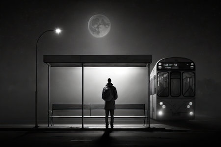 a lone figure waits at a bus stop in the dark, with only the moonlight to guide their way, created with generative aiの素材